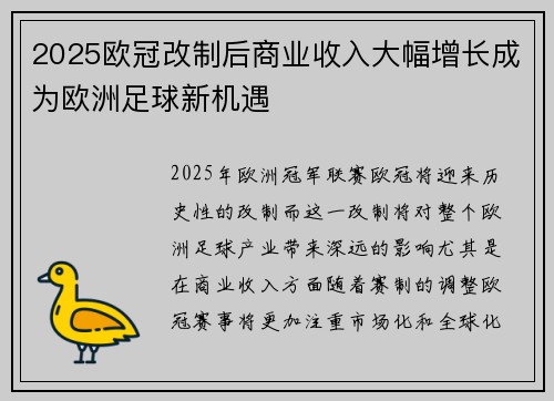 2025欧冠改制后商业收入大幅增长成为欧洲足球新机遇